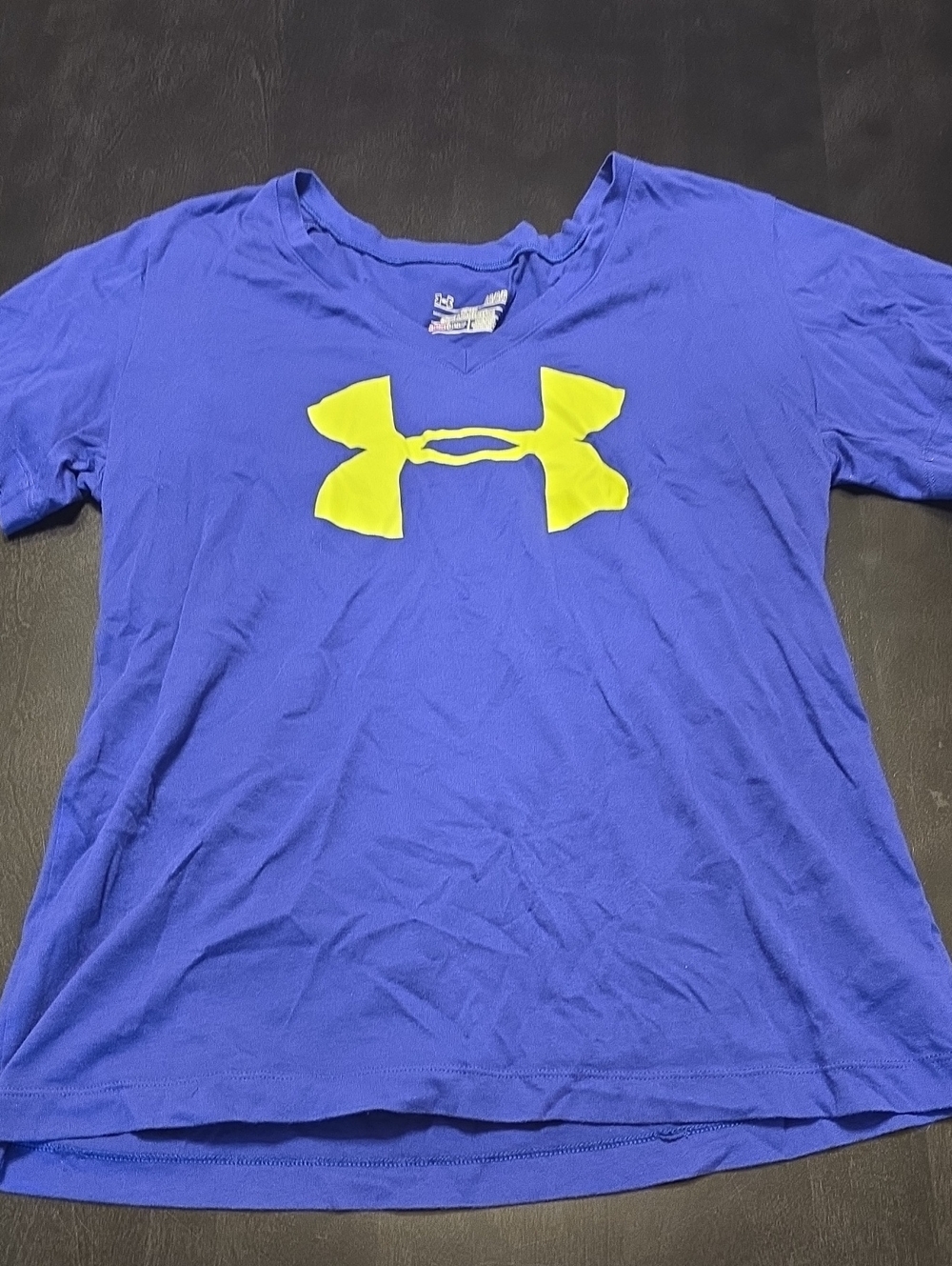 0Under Armour - Woman's Fitted Short Sleeve Logo Tee - Purple and Neon Yellow